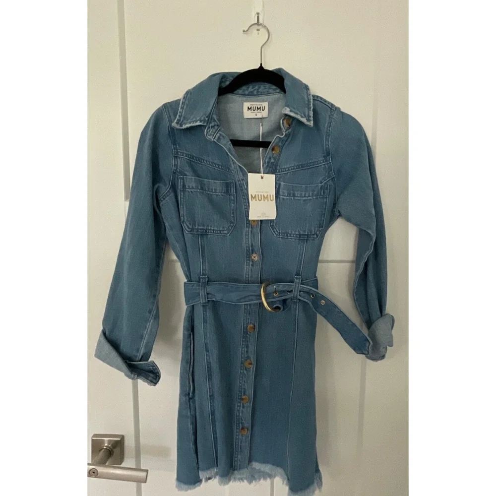 Show Me Your Mumu Denim Jean Dress Longsleeve Dress Belted Raw Hem SMALL NWT - Picture 2 of 7